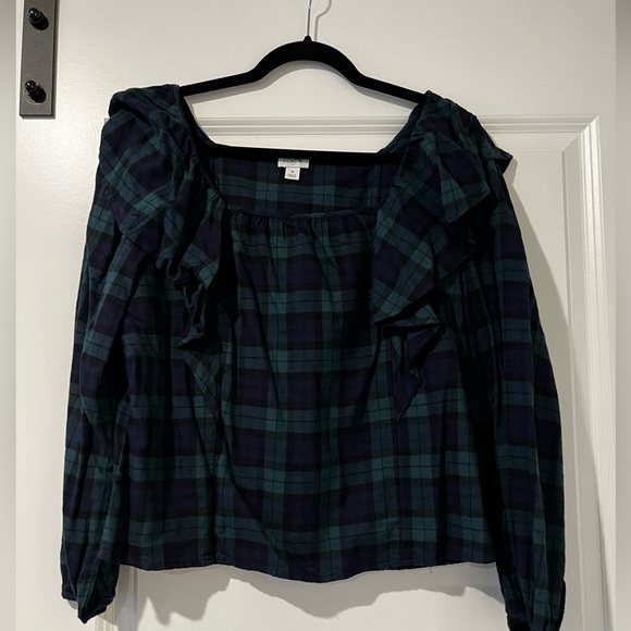 J.Crew Black Watch Plaid Ruffle Flannel Shirt - Picture 3 of 5